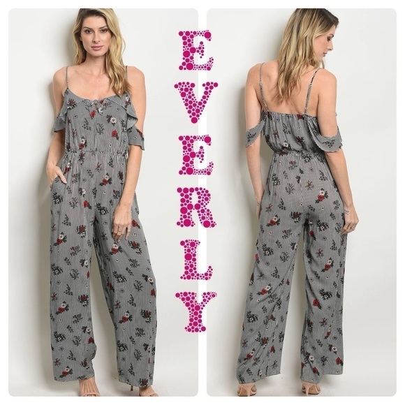 Everly striped floral cold shoulder jumpsuit - Picture 1 of 12